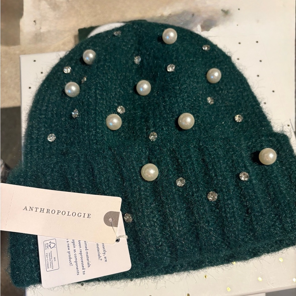 Anthropologie Emerald Knit Beanie with Pearls